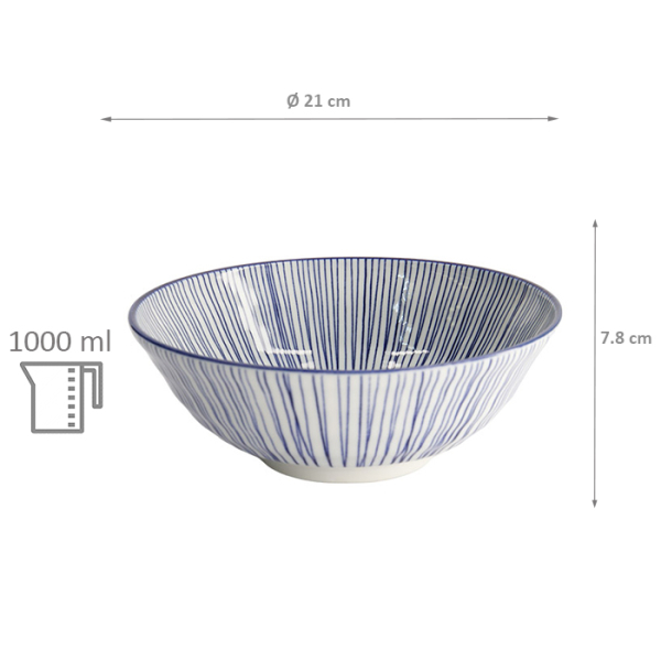 TDS, Ramen Bowl, Nippon Blue, Lines, Ø 21 x 7.8 cm 1000 ml - Item No. 16015