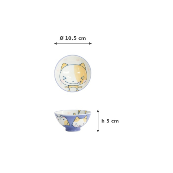 Rice Bowl Kawaii Cat Neko Blue (White/Blue), Porcelain, Ø 10.5 × 5 cm, 200 ml, Item No. 16295