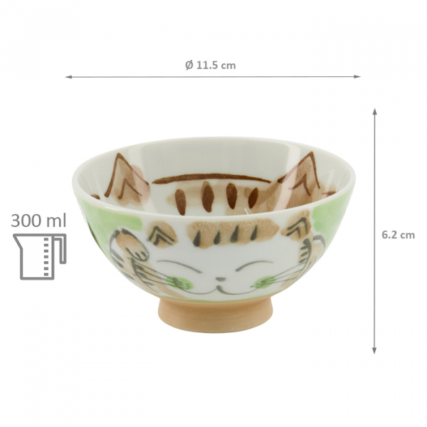 TDS, Rice Bowl, Kawaii Fuku Cat Neko, Green,  Ø 11.5x6.2cm 300ml, Item No. 16300