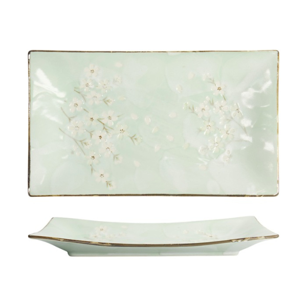 Tokyo Design Studio Serving Plate Green Cosmos, Stoneware, 33.2 × 19.3 × 2.2 cm