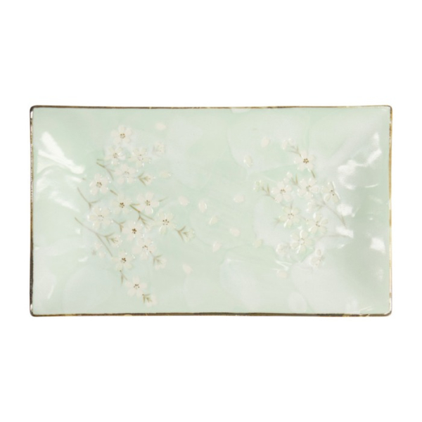 Serving Plate Green Cosmos, Stoneware, 33.2 × 19.3 × 2.2 cm, Item No. 16508
