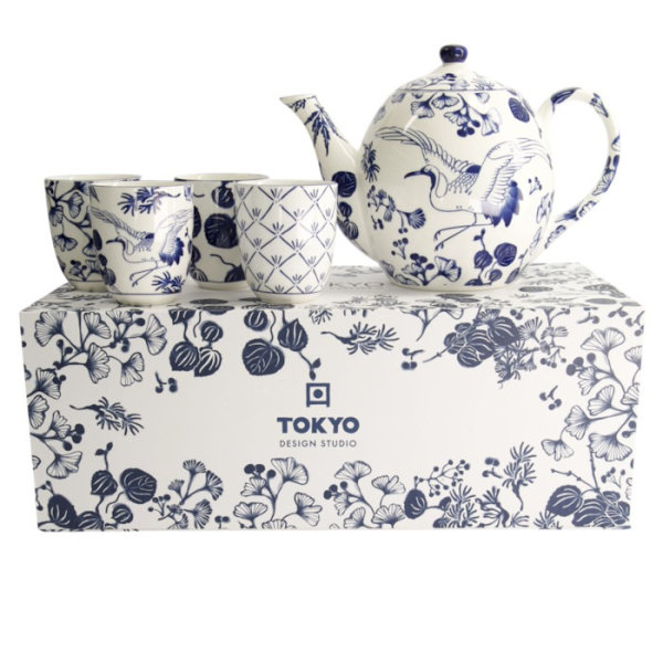 Tokyo Design Studio Teapot with 4 Tea Cups Flora Japonica Blue/White, 5 pcs., Porcelain, 1.3 l