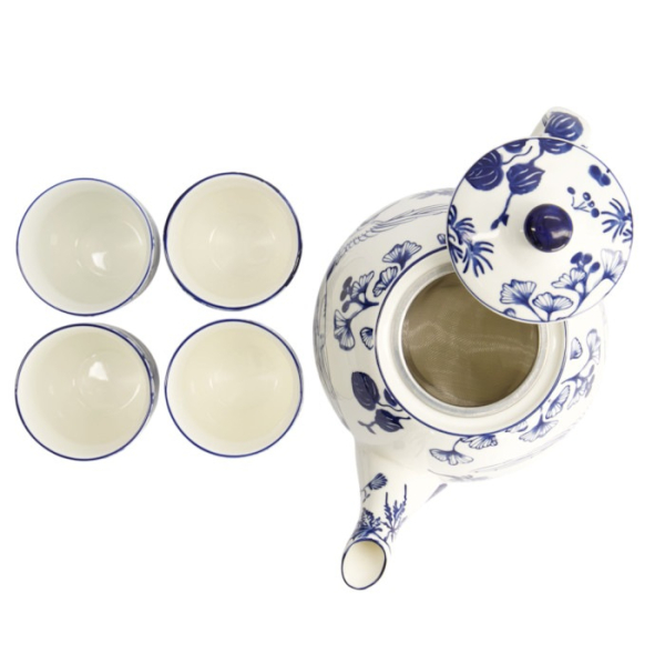 Teapot with 4 Tea Cups Flora Japonica Blue/White, 5 pcs., Porcelain, 1.3 l, Item No. 16733