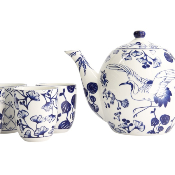 Teapot with 4 Tea Cups Flora Japonica Blue/White, 5 pcs., Porcelain, 1.3 l, Item No. 16733