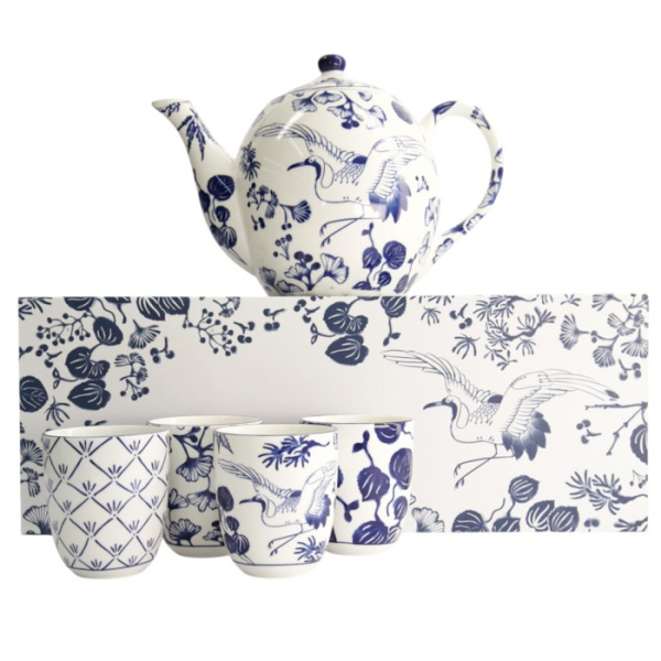 Teapot with 4 Tea Cups Flora Japonica Blue/White, 5 pcs., Porcelain, 1.3 l, Item No. 16733