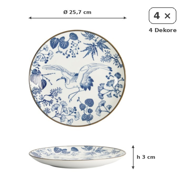 Plate Set Flora Japonica Blue/White in a gift box, 4 pcs., Porcelain, Ø 25.7 × 3 cm, Item No. 16853