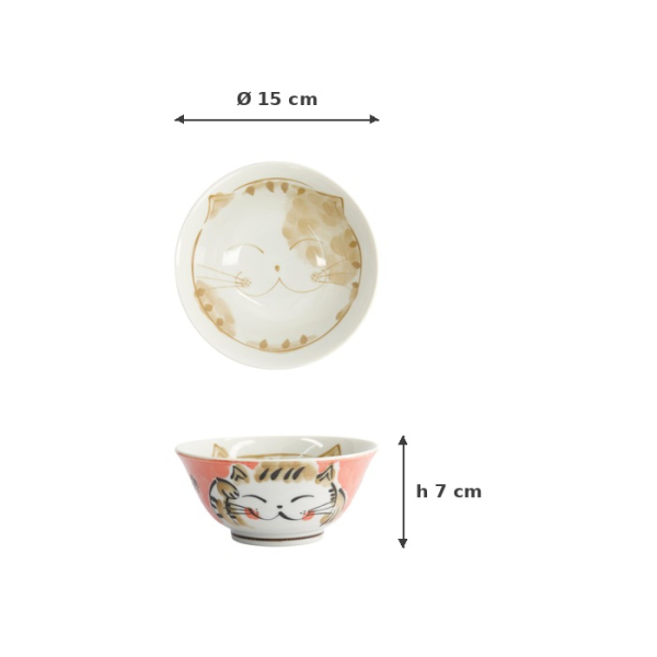 Rice Bowl Fuku Cat Neko Kawaii Red, Porcelain, Ø 15 × 7 cm, 500 ml, Item No. 16900