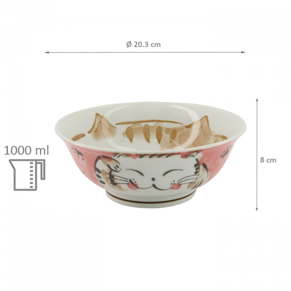 TDS, Rice Bowl, Kawaii Fuku Cat Neko, Red, Ø 20.3x8cm 1000ml, Item No. 16904