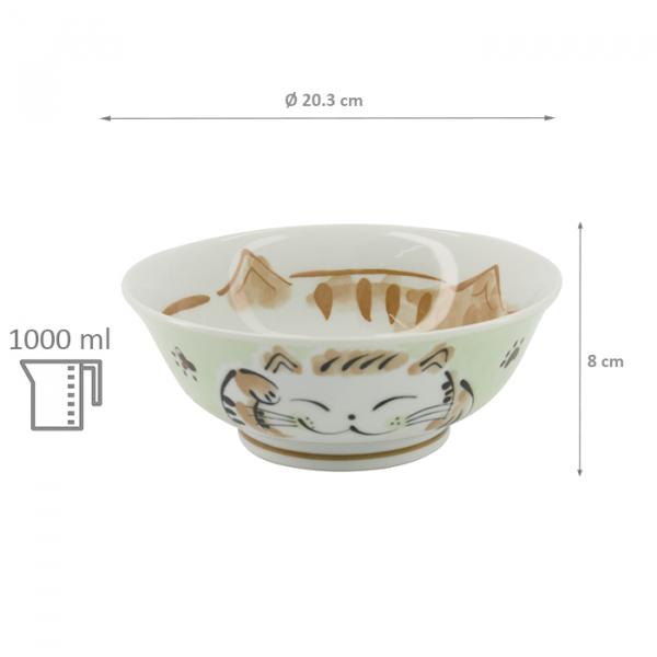 TDS, Rice Bowl, Kawaii Fuku Cat Neko, Green, Ø 20.3x8cm 1000ml, Item No. 16905