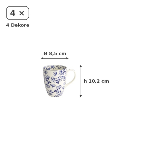 Mug Set Flora Japonica Blue in a gift box, 4 pcs., Porcelain, Ø 8.5 × 10.2 cm, 380 ml, Item No. 16975