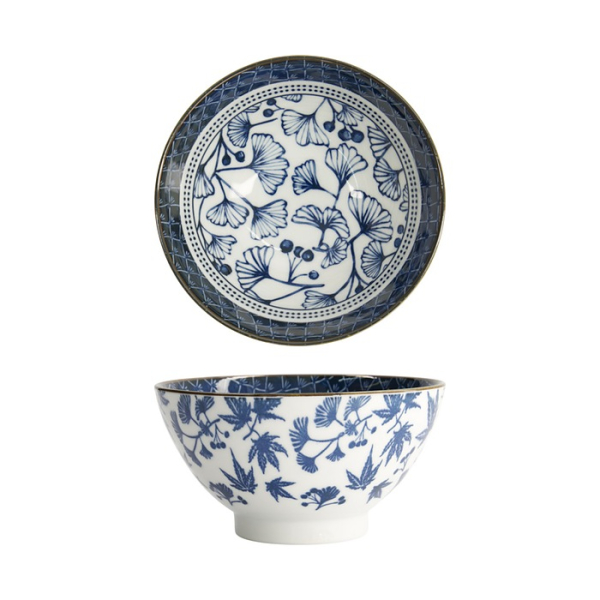 Tokyo Design Studio Reisschale Flora Japonica Ginkgo Blau/Weiß, Porzellan, Ø 17,8 × 9 cm, 950 ml