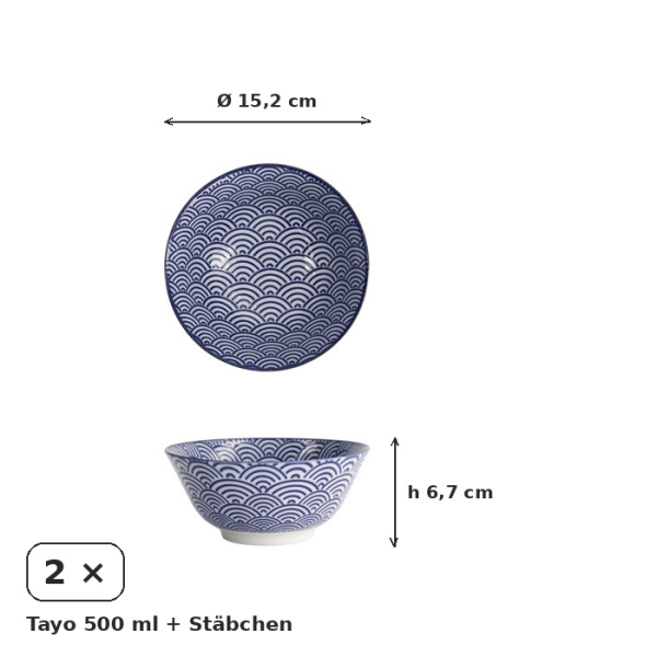 Tayo Bowl Gift Set with Chopsticks Nippon Blue (Blue/White), Porcelain, Ø 15.2 × 6.7 cm, 500 ml, Item No. 17951