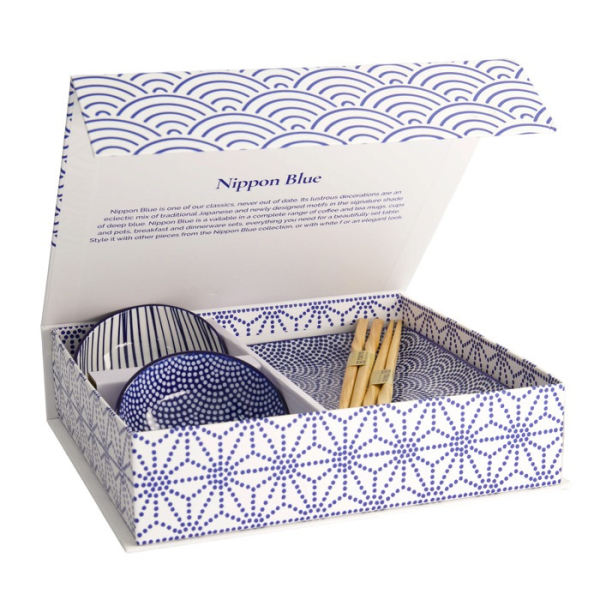 Sushi Set Nippon Blue Lines-Dots White, 6 pcs., Porcelain, Item No. 17991