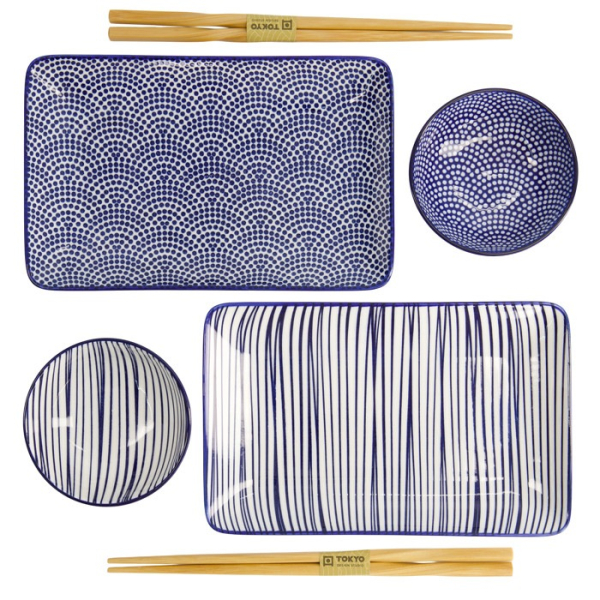 Sushi Set Nippon Blue Lines-Dots White, 6 pcs., Porcelain, Item No. 17991