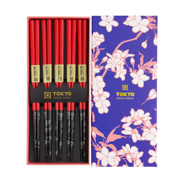 TDS, Chopstick Set, Red Black Flower, 5 pair, 22,5 cm, Item No. 18617