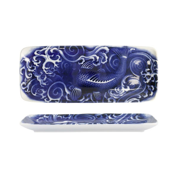 Tokyo Design Studio Servierplatte Japonism Carp Blau/Weiß, Porzellan, 28,5 × 14 × 2,5 cm