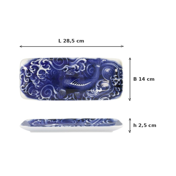Servierplatte Japonism Carp Blau/Weiß, Porzellan, 28,5 × 14 × 2,5 cm, Art.-Nr. 18767