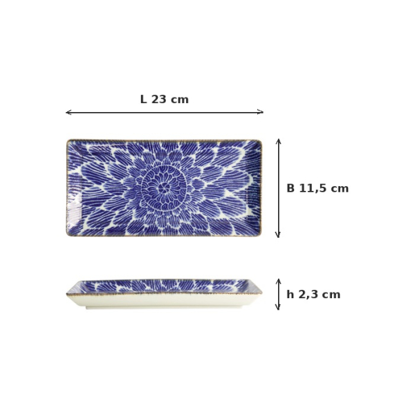 Sushi Plate Ohuke Dahlia Blue/White, Porcelain, 23 × 11.5 cm, Item No. 18886