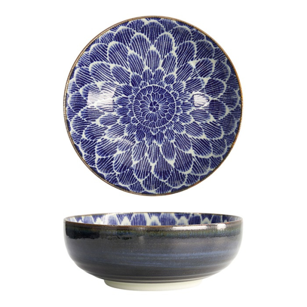 Tokyo Design Studio Ramen Bowl Ohuke Dahlia Blue/White, Porcelain, Ø 21.5 × 8 cm, 1.85 l