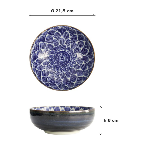 Ramen Bowl Ohuke Dahlia Blue/White, Porcelain, Ø 21.5 × 8 cm, 1.85 l, Item No. 18893