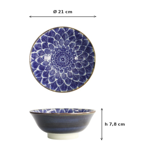 Ramen Bowl Ohuke Dahlia Blue/White, Porcelain, Ø 21 × 7.8 cm, Item No. 18898