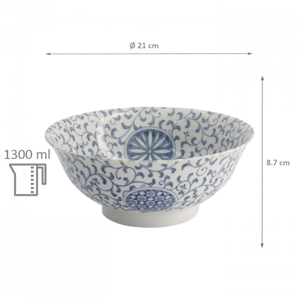 TDS, Ramen Bowl, Mixed Bowls, Marumon-Sarasa, Ø 21 x 8.7 cm, 1300 ml, Blue - Item No. 20959