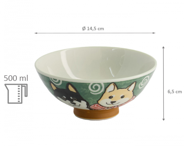 TDS, Rice Bowl, Kawaii Shiba-Dog, Green, Ø 14.5 x 6.5 cm 500ml - Item No: 20988