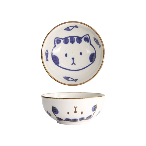 Tokyo Design Studio Bowl Kawaii Cat Neko Blue, Porcelain, Ø 16 × 6.3 cm, 600 ml