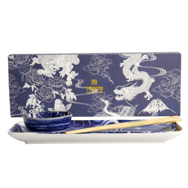 TDS, Sushi Geshenk-Set mit Essstäbchen, Japonism Carp, Blau, 3tlg, 28,5x14cm + 9x3cm, Art.-Nr. 21519