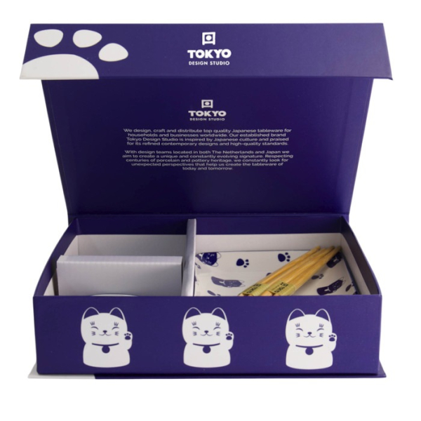 Sushi Set Kawaii Blue Maneko Blue/White, 6 pcs., Porcelain, Item No. 21671