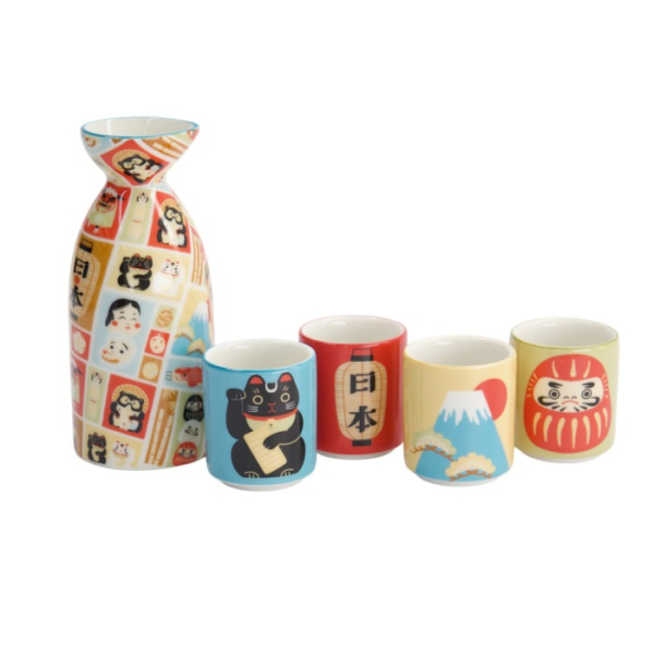 Sake-Set Kawaii Japan Weiß/Blau (1 Flasche, 4 Becher), Porzellan, 120/50 ml, Art.-Nr. 21681