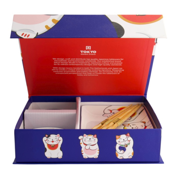 Sushi Set Kawaii Lucky Cat White/Blue, 6 pcs., Porcelain, Item No. 21691