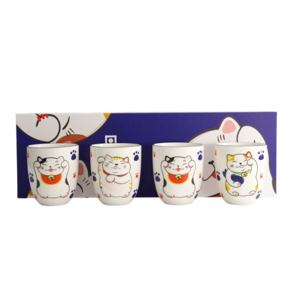 Becher-Set Kawaii Lucky Cat Weiß, 4-tlg., Porzellan, Ø 7 × 8 cm, 170 ml, Art.-Nr. 21774