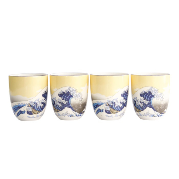 Becher-Set Kawaii Hokusai Blau/Gelb, 4-tlg., Porzellan, Ø 7 × 8 cm, 170 ml, Art.-Nr. 21907