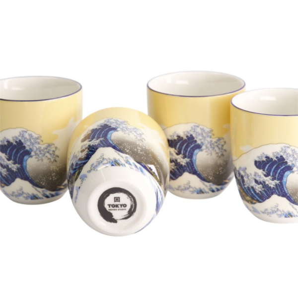 Becher-Set Kawaii Hokusai Blau/Gelb, 4-tlg., Porzellan, Ø 7 × 8 cm, 170 ml, Art.-Nr. 21907