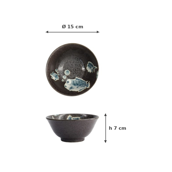 Rice Bowl Kawaii Blowfish Brown (Blue/Black), Porcelain, Ø 15 × 7 cm, 500 ml, Item No. 21985