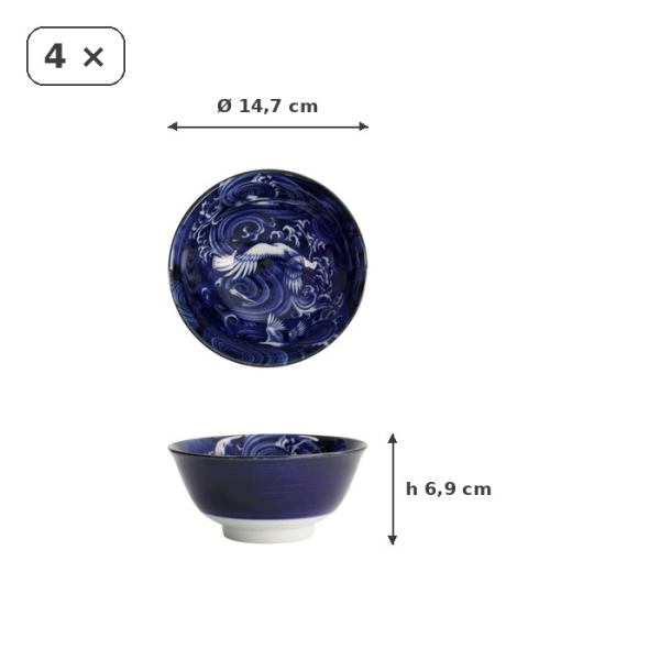 Bowl Set Japonism Blue, 4 pcs., Porcelain, Ø 15 × 7 cm, Item No. 22013