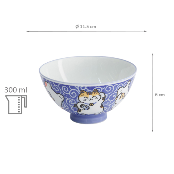 TDS, Rice Bowl, Kawaii Karakusa Lucky Cat, Blue, Ø 11.5 x 6 cm, 300ml - Item No. 22250