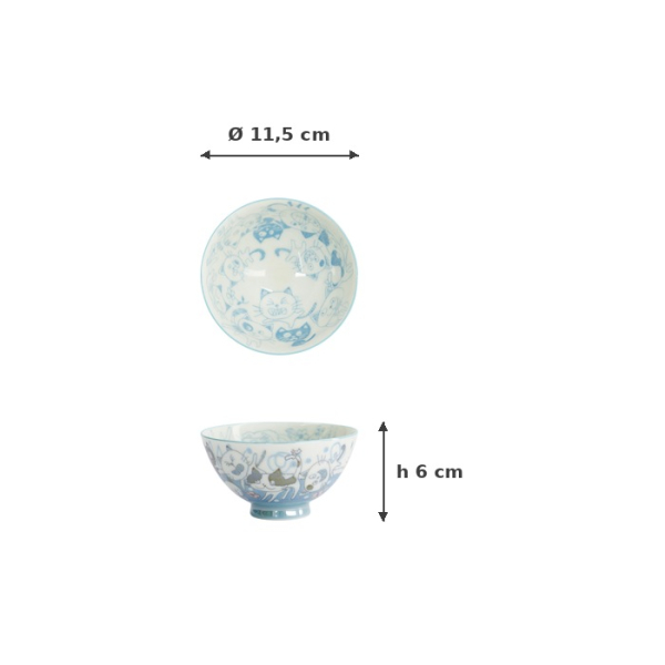 Rice Bowl Kawaii Funny Cat Blue, Porcelain, Ø 11.5 × 6 cm, 300 ml, Item No. 22257
