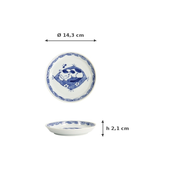 Plate Neko Maruke Cat Blue/White, Porcelain, Ø 14.3 × 2.1 cm, Item No. 22296