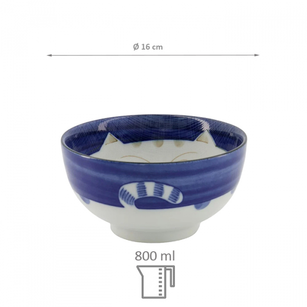 TDS, Rice Bowl, Kawaii Cat Neko, Blue, Ø 16 cm 800 ml - Item No. 2469