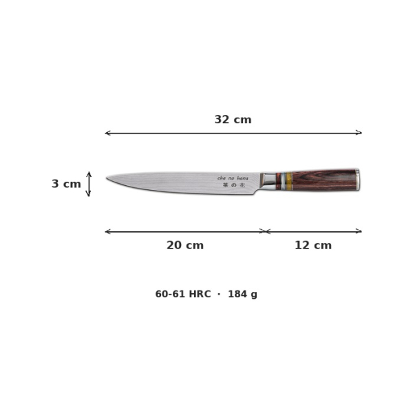 Sashimi Knife (Fillet Knife) with 3 Acrylic Rings in Magnetic Box, VG-10 Damascus Steel, 32 cm, Item No. 3085