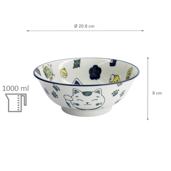 TDS, Ramen Bowl, Kawaii Lucky Cat Neko, Blue, Ø 20.8 x 8cm, 1000ml - Item No. 33010