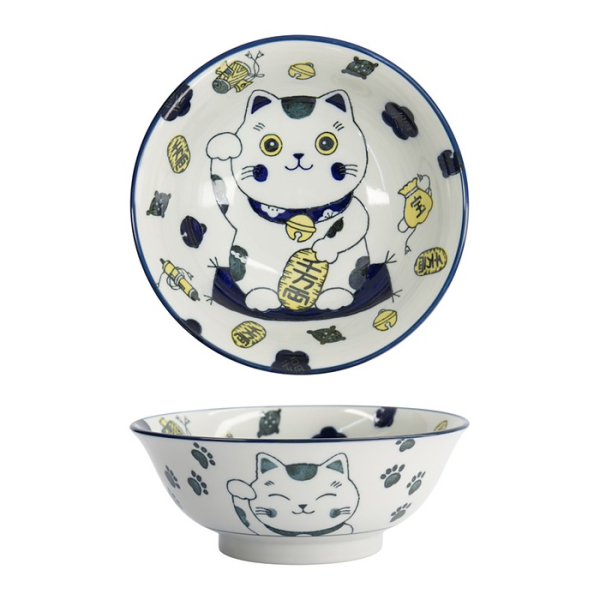 Tokyo Design Studio Ramenschale Kawaii Lucky Cat Neko Blau, Porzellan, Ø 20,8 × 8 cm, 1 l