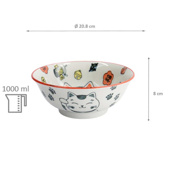 TDS, Ramen Schale, Kawaii Lucky Cat Neko, Rot, Ø 20,8x8 cm, 1000ml - Art Nr: 33011