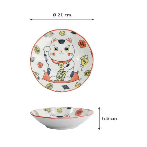 Pastateller Kawaii Lucky Cat Neko Rot, Porzellan, Ø 21 × 5 cm, Art.-Nr. 33013