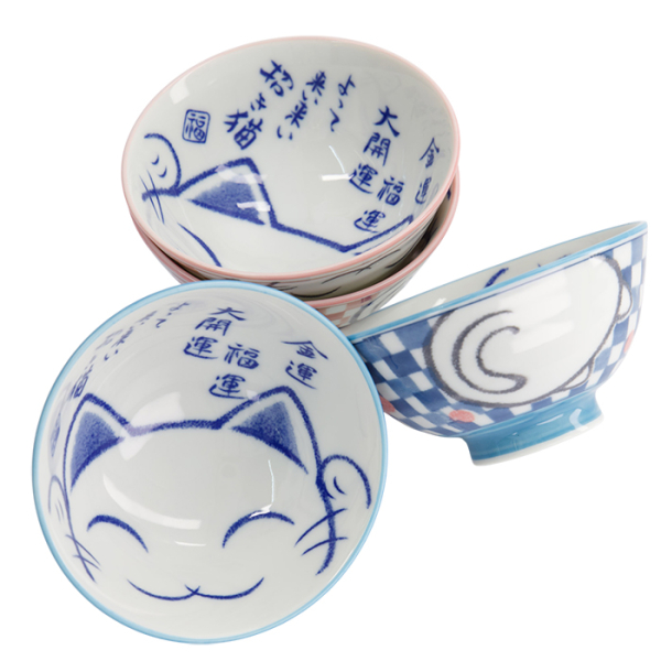 TDS, Bowl Giftset, Kawaii, Lucky Cat, Blue/Pink, 4 pcs, Ø 11.3 x 5.8 cm 300 ml, Item No. 33359