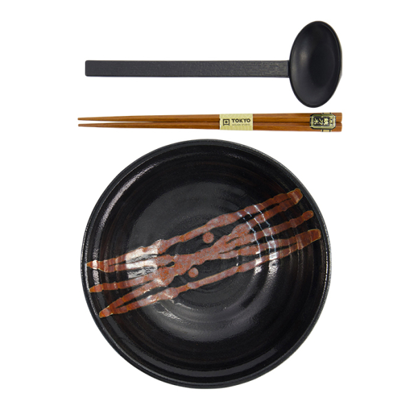 TDS, Ramenschale Geschenkset mit Braun Löffel, 3 stk, Suname Kuro, Ø 19,5x7,2cm 900ml , Art.-Nr. 33398