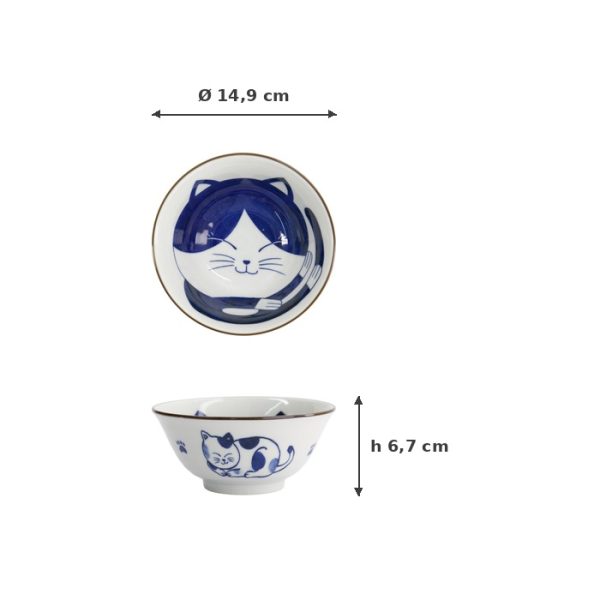 Tayo Bowl Kawaii Cat Neko Blue (Blue/White), Porcelain, Ø 14.9 × 6.7 cm, 500 ml, Item No. 33413