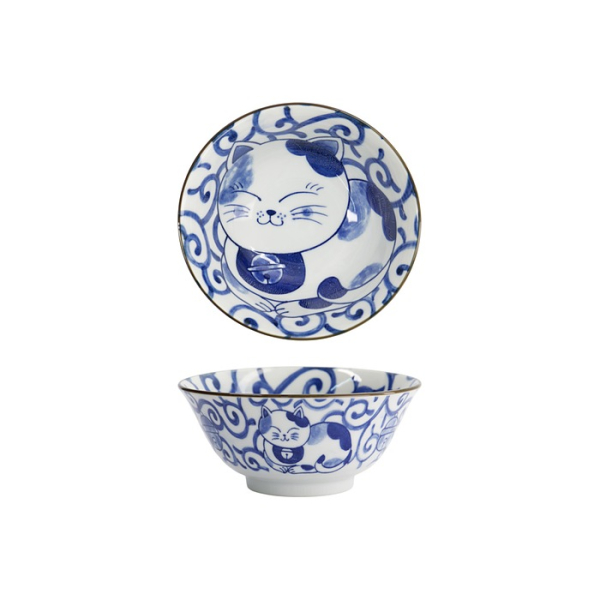 Tokyo Design Studio Tayo Bowl Kawaii Cat Neko Blue (Blue/White), Porcelain, Ø 14.9 × 6.7 cm, 500 ml